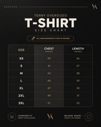 T-shirt size chart with measurements on a black background