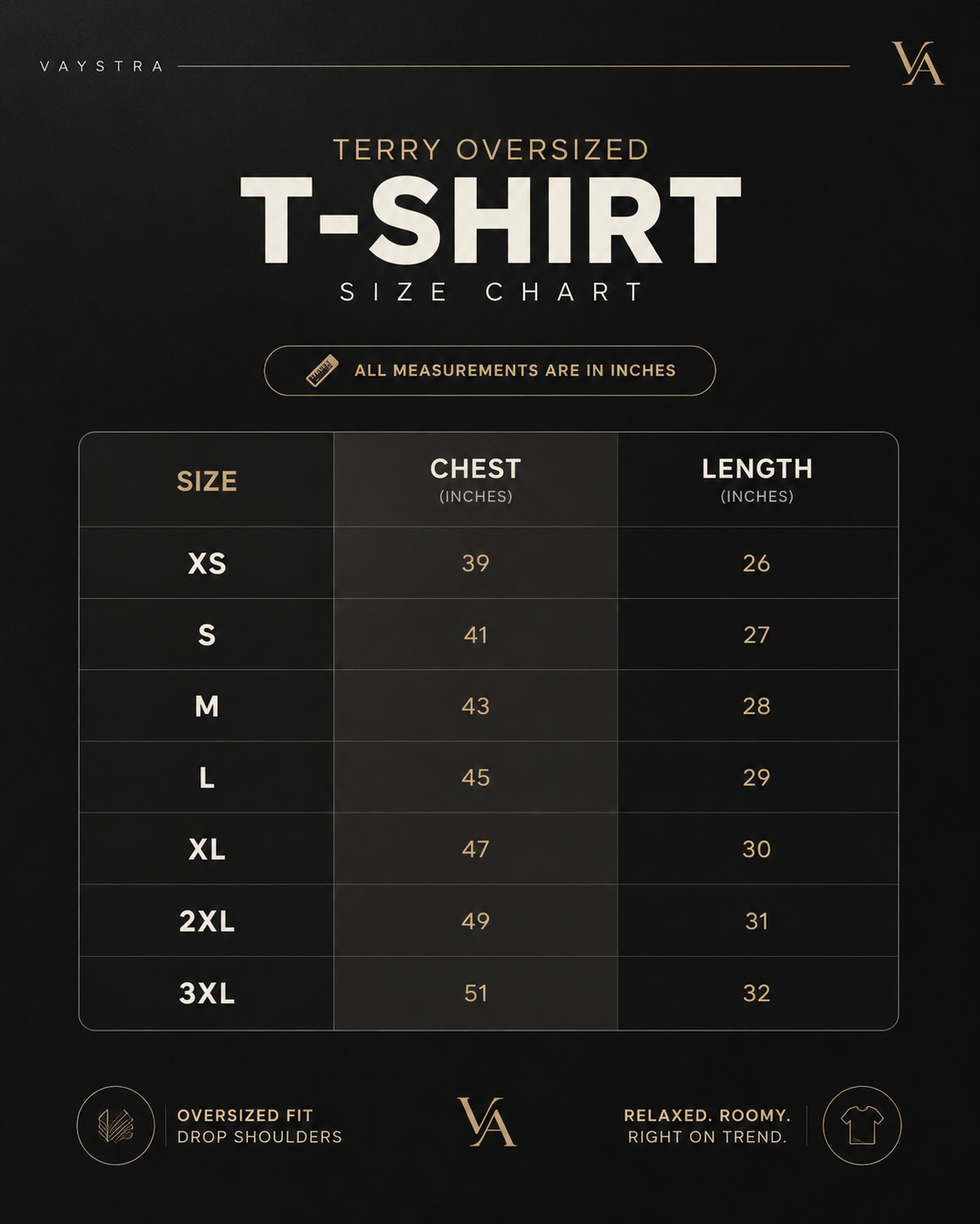 T-shirt size chart with measurements on a black background